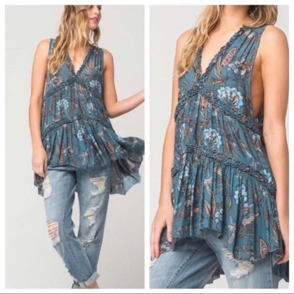 Free People Haze Hummingbird Tunic Blue Ruffled XS - Picture 3 of 12